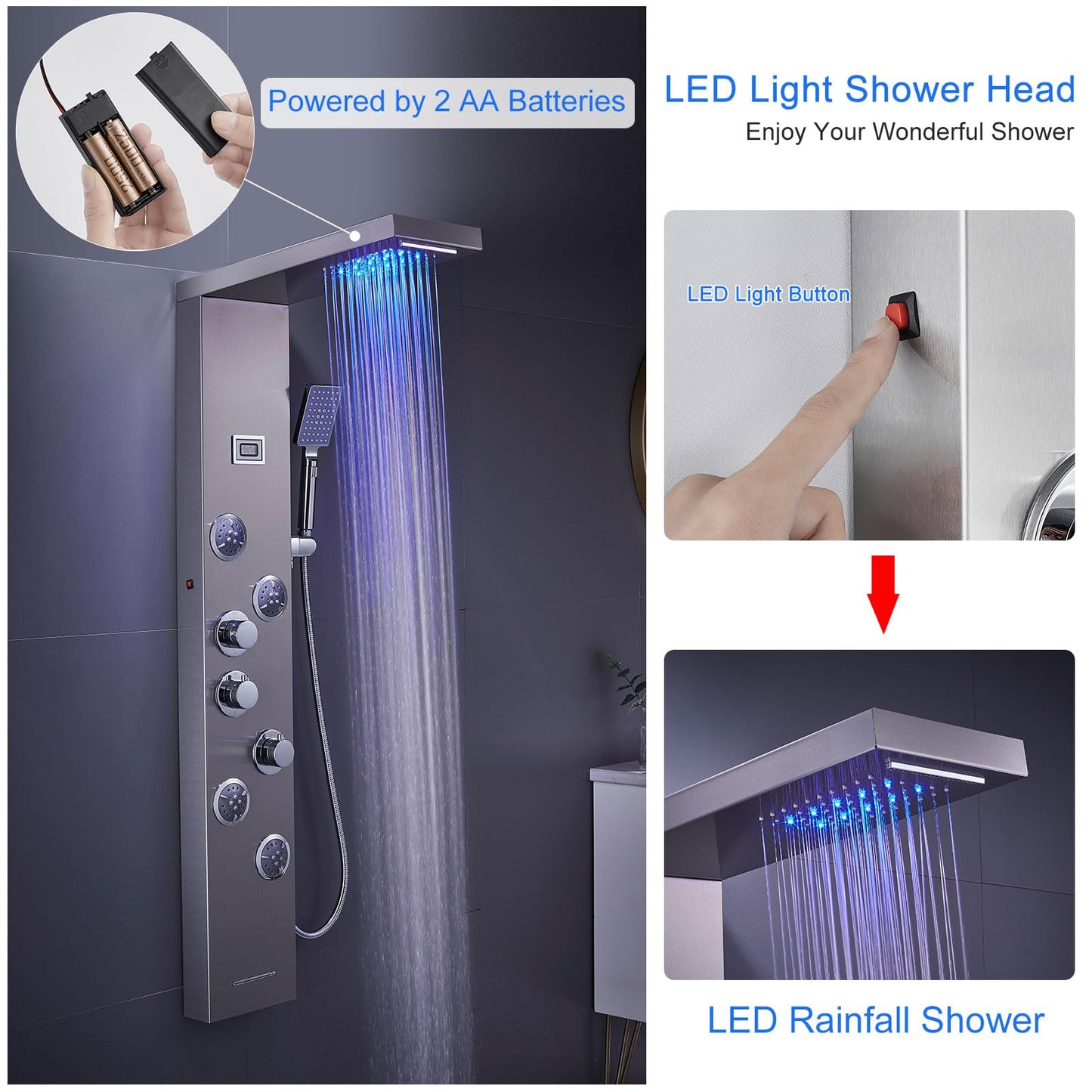 MENATT LED Shower Panel Tower System, 6 in 1 Stainless Steel LED Shower Column, Rainfall & Waterfall Head, Massage Jets, Tub Spout, Handheld Shower(Brushed)