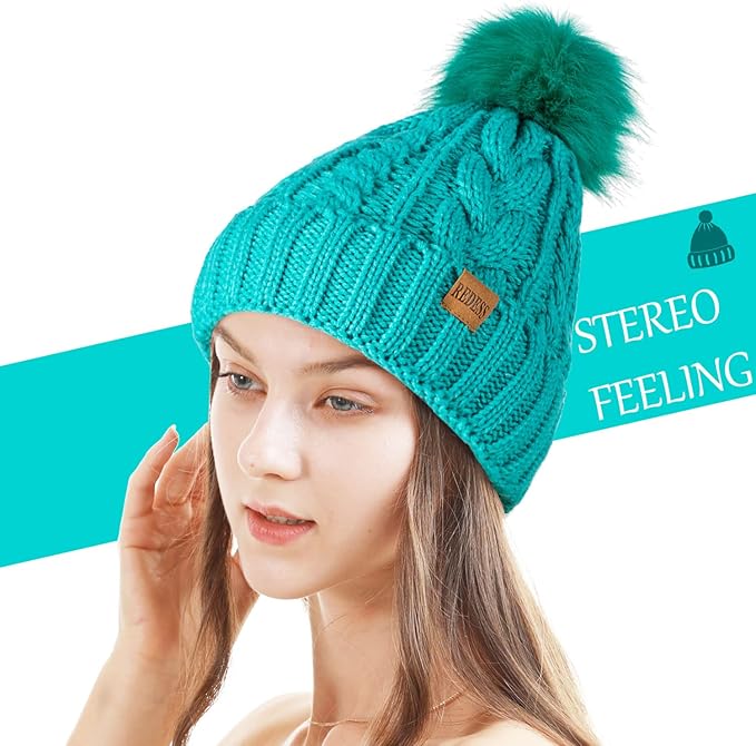 REDESS Women Winter Pompom Beanie Hat with Warm Fleece Lined, Thick Slouchy Snow Knit Skull Ski Cap