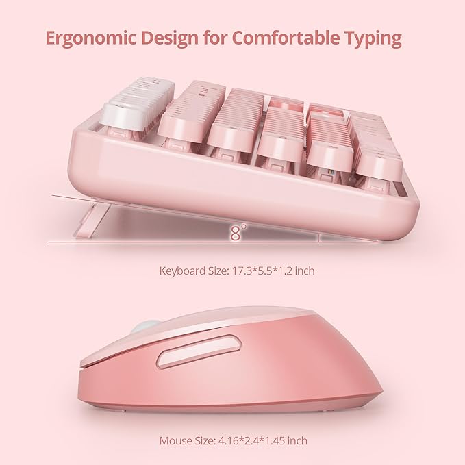 Wireless Keyboard and Mouse Set, Retro Typewriter Keyboard, 2.4GHz Full Size 104-Key Cute Keyboard with Number Pad, Colorful Keyboard with Round Keycaps for Windows PC Laptop(Pink)