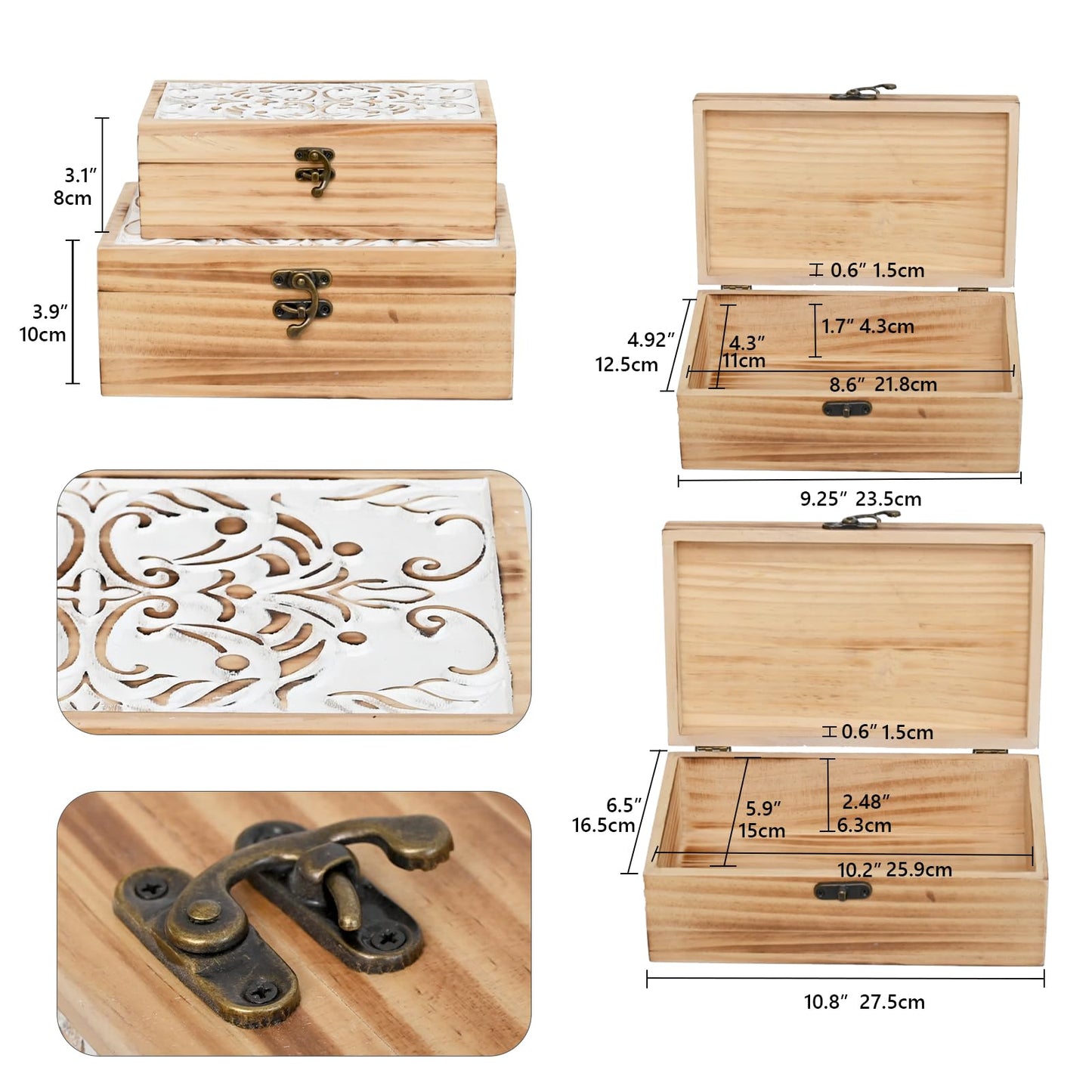 DECOR4SEASON Wooden Box Set of 2 - Rustic Farmhouse Decorative Boxes with Hinged Lid and Carved Design