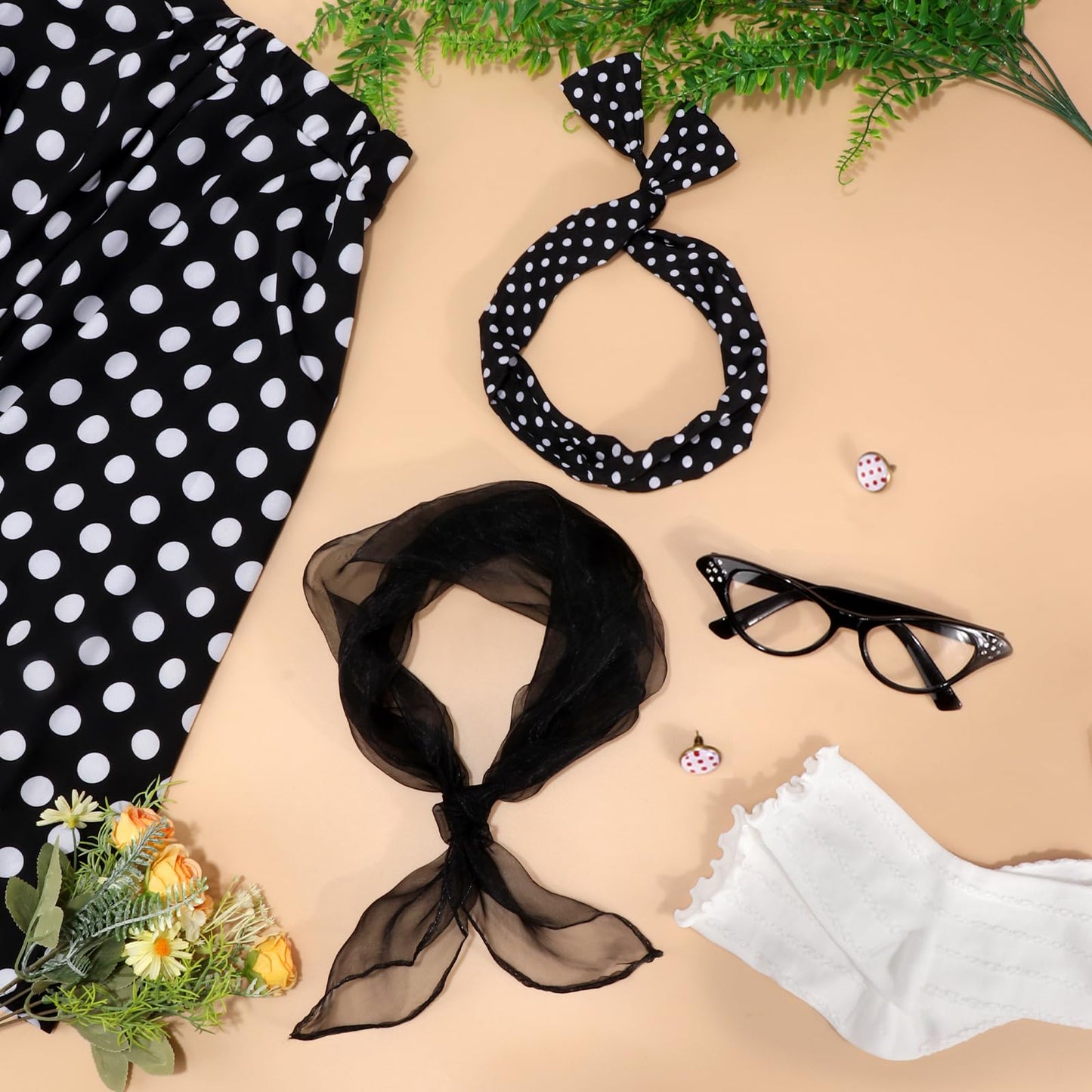 Ibeauti 50s Costumes for Women Girls 1950s Poodle Skirt Outfits Set with Cat Eye Glasses Chiffon Scarf Bandana Tie Headband Earrings Socks (Large, Black)