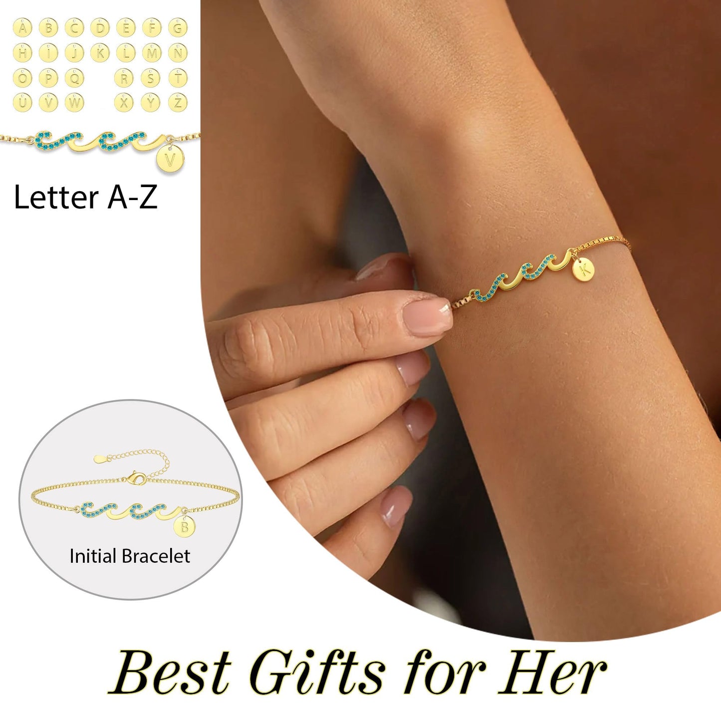 Gifts for Mom from Son, Presents for Mom Stocking Stuffers for Women O Initial Bracelets for Women Dainty Gold Bracelet with Wav