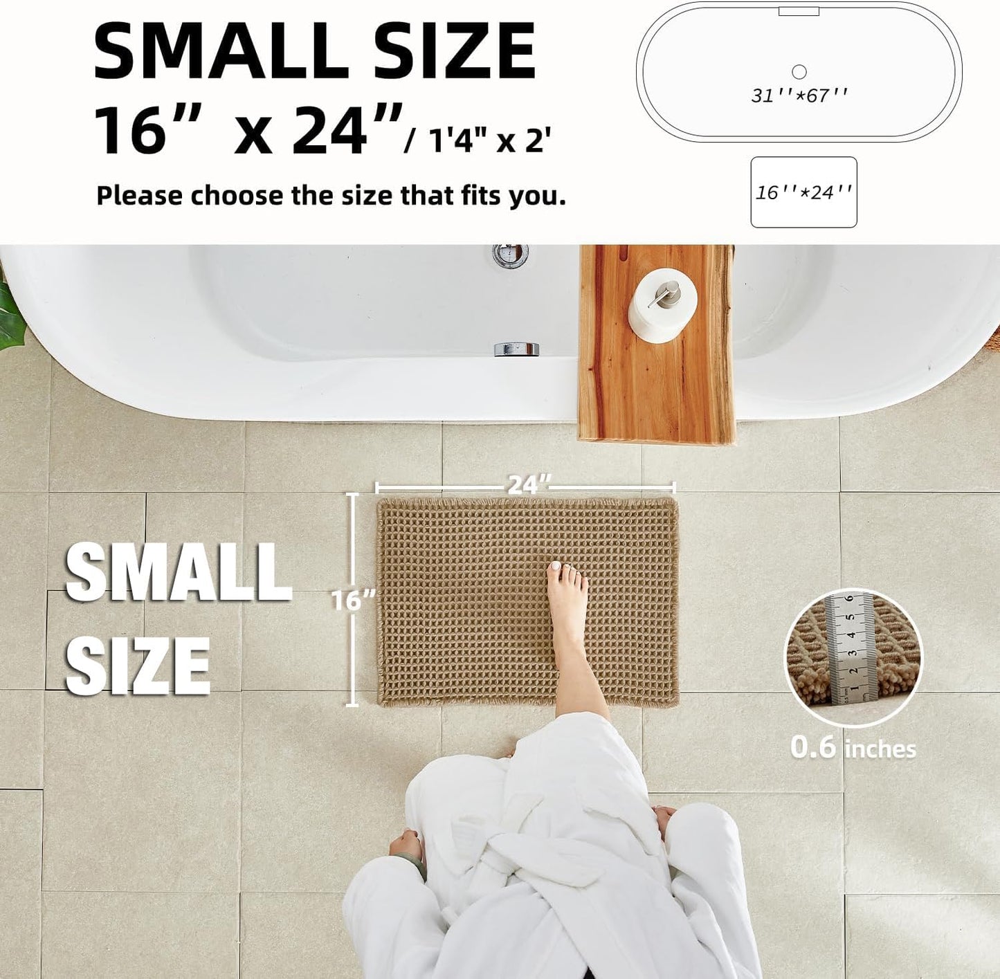 Waffle Bath Mat, Boho Bathroom Rugs Non Slip Washable Super Absorbent Quick Dry Farmhouse Bathroom Decor, 24"x16" / 1'4" x 2' Khaki