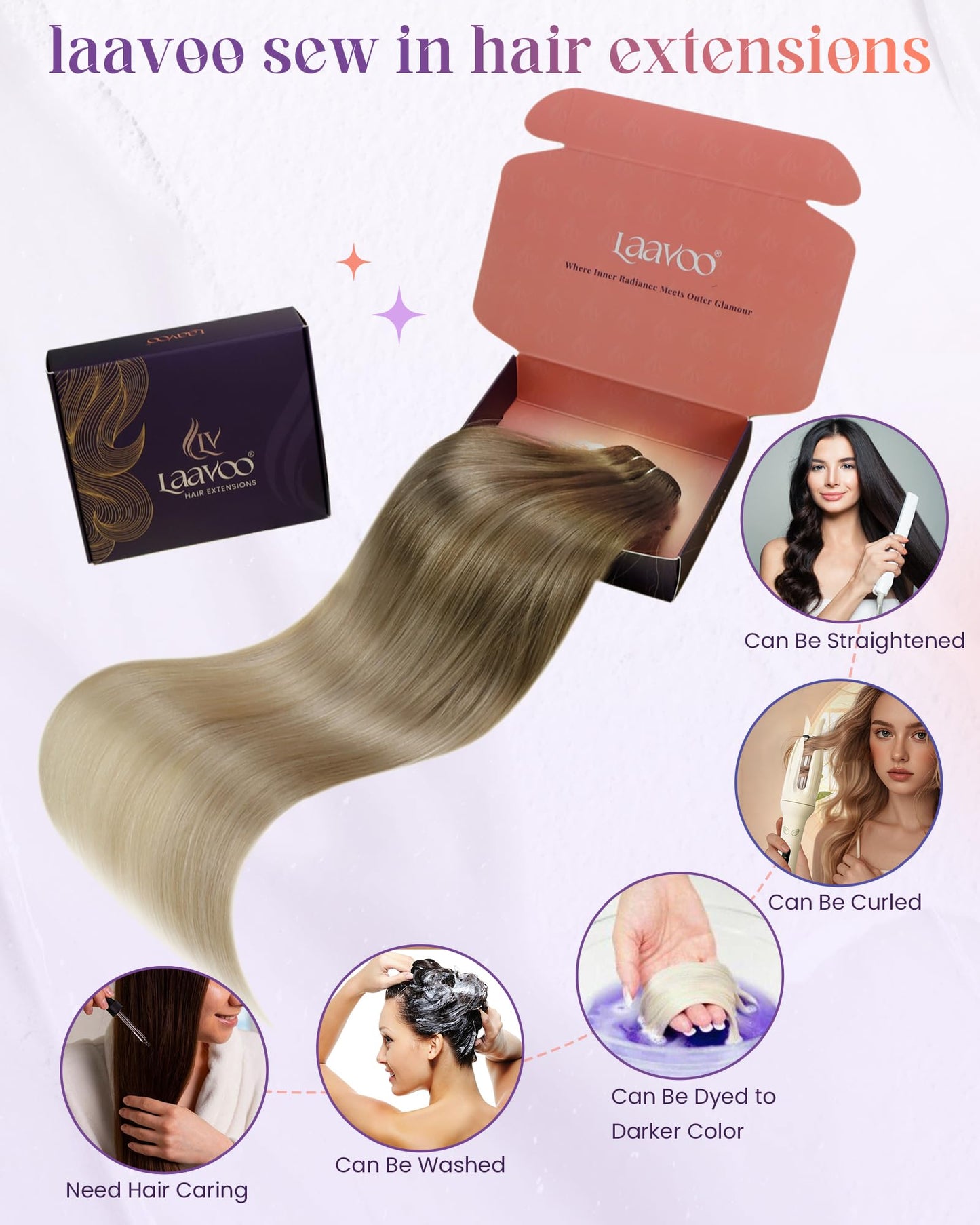 LaaVoo Sew in Hair Extensions Real Human Hair Brown Ombre Weft Extensions Light Brown to Platinum Blonde Balayage Ash Blonde Hai