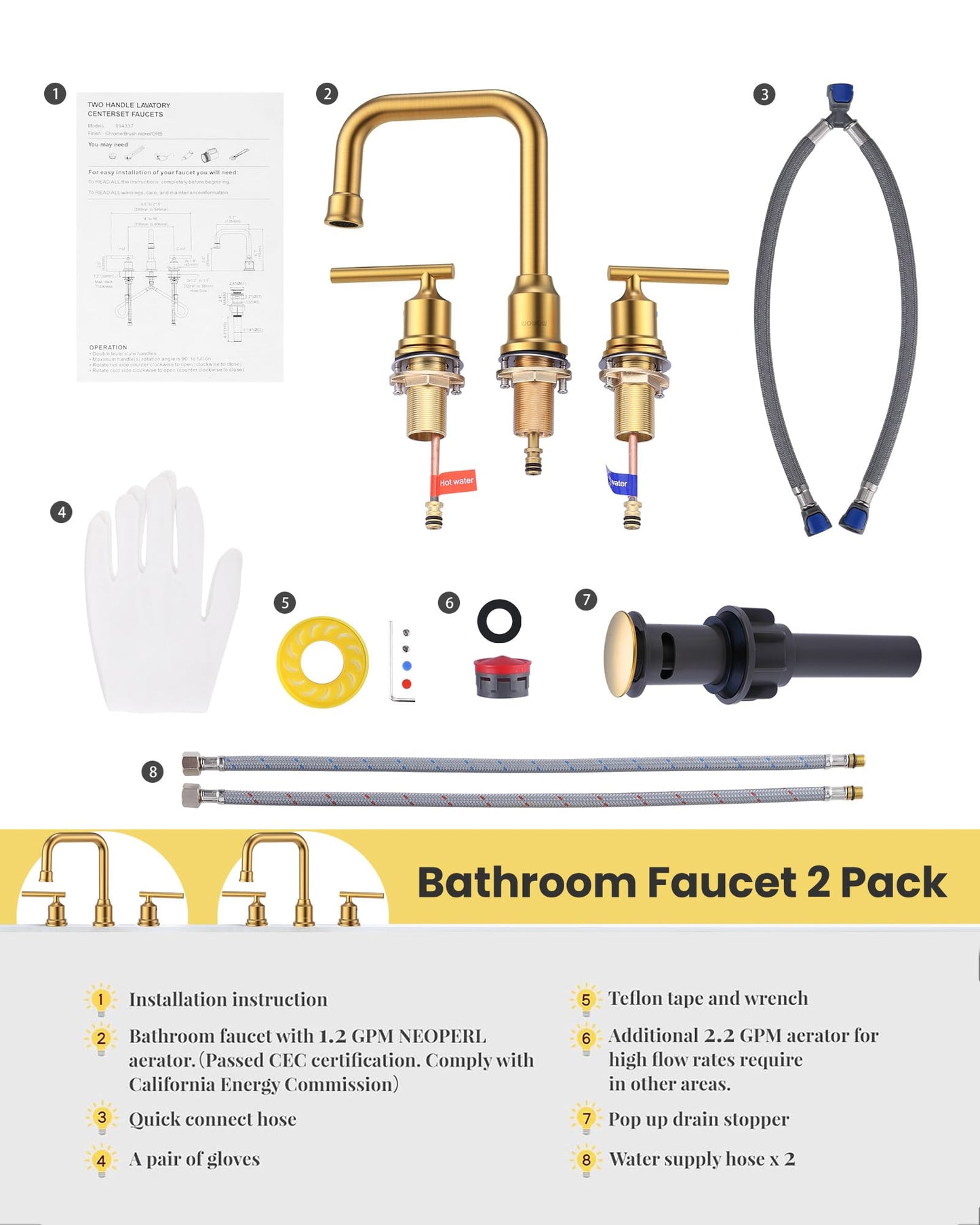 Brushed Gold Bathroom Faucet Set: WOWOW Widespread Bathroom Sink Faucet 3 Hole with Pop-up Drain and Supply Lines, 8 Inch Vanity Taps 3 Pieces Basin Tap 2 Handle Modern (Set of 2)