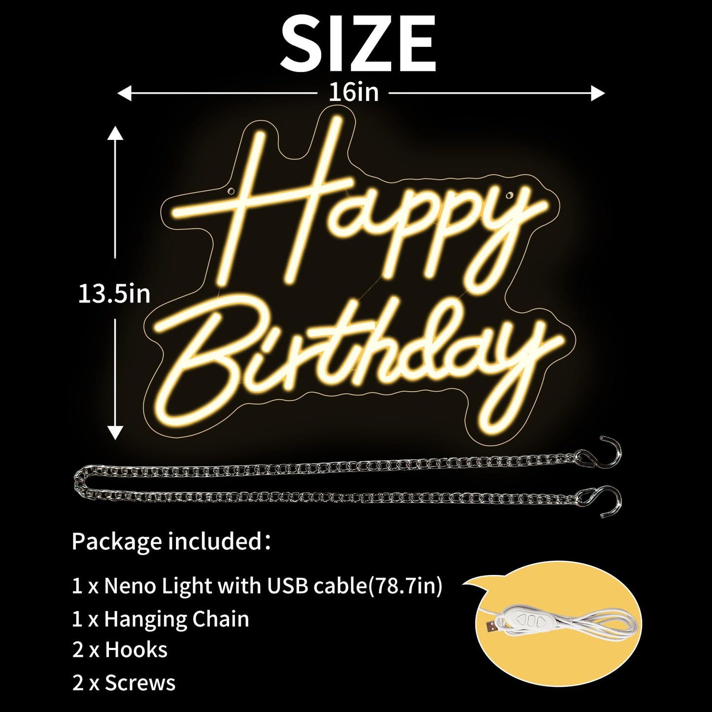 Happy Birthday Neon Sign for Backdrop, LED Happy Birthday Light Up Sign, USB Powered Dimmable Neon Light for Birthday Party Decorations Wall Decor, Warm White