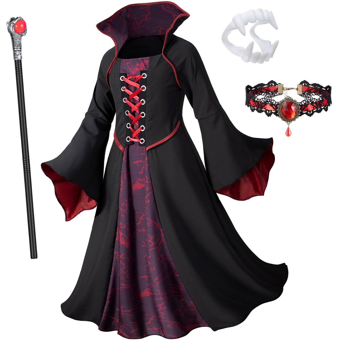 Vampire Costume Set for Toddler Girls Halloween Dress Up with Vampires Props (Fangs, Wand, Choker) 3T 4T