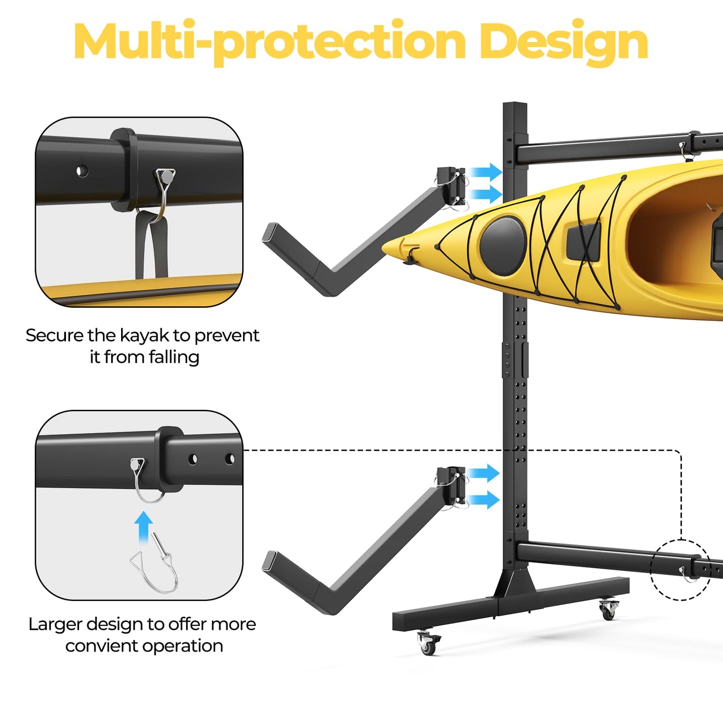 Freestanding Adjustable Kayak Storage Rack, 2 Sides Kayak Bracket, Durable Kayak Rack with Lockable Wheels for Indoor, Outdoor, Garage, Shed, Dock