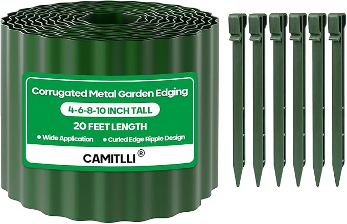 Camitlli Corrugated Metal Garden Edging,Sturdy Tall Landscape Edging Borders with 6pcs Anchor Stakes, Perfect DIY for Flower Beds, Lawn and Pathway,Tree Surrounds,Paver Edges (Green 10"×20FT)