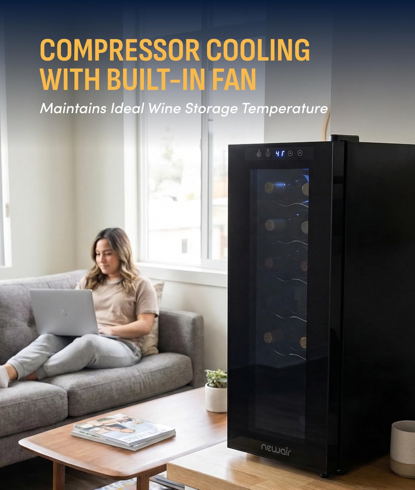 NewAir 10" Wine Fridge for 12 Bottles | Freestanding Wine Cooler Refrigerator with Glass Door | Compact Countertop Storage with Precision Cooling & Quiet Operation | Black