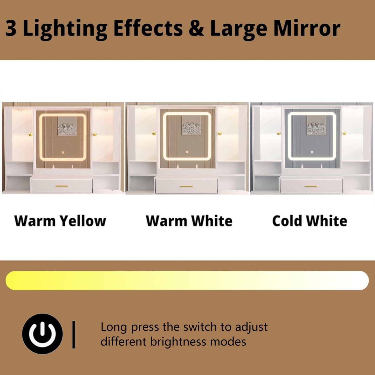 BORNOON Makeup Vanity with LED Light Strip Mirror and Chair, 7 Drawers & 2 RGB Cabinets White Vanity Makeup Desk with Power Strip, Adjustable LED Lighting, and Cushioned Stool for Women, Girls, Teens