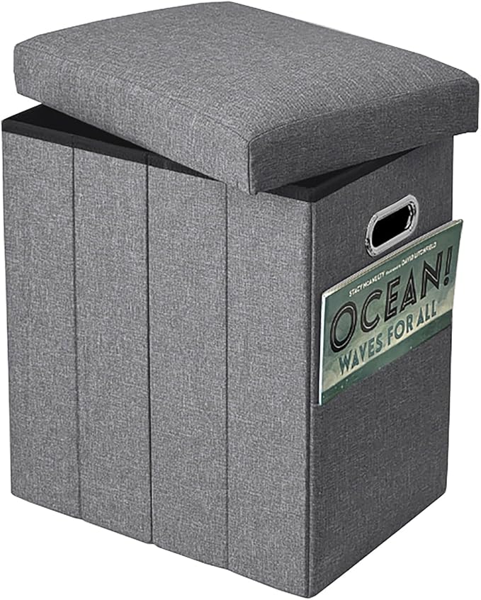 Emosoon Tall Ottoman with Storage Collapsible Fabric Small Slim Folding Ottoman Furniture with Handles Lid for Room Footrest Foot Stool Linen Grey 16.5x16.5x11.8in