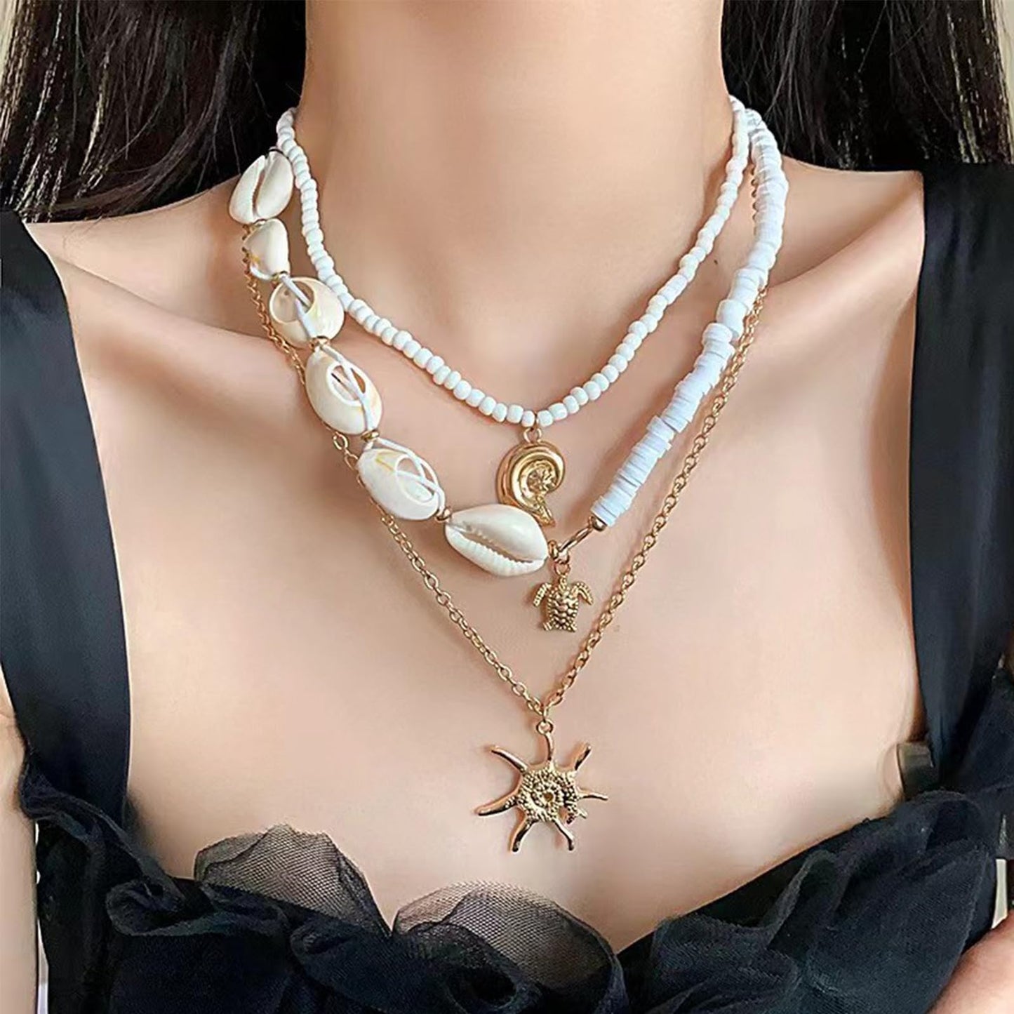 Shell Necklaces for Women Layered Starfish Seashell Charm Necklace Beach Conch Jewelry Halloween Costume Women Stocking Stuffers