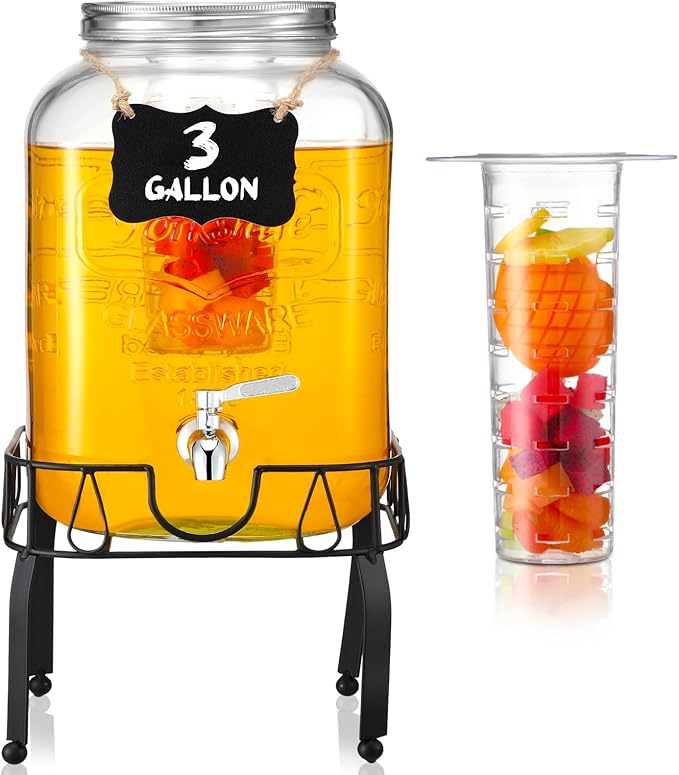 FillTouch 3 Gallon Drink Dispenser with Stand Glass Beverage Dispenser Drink Dispensers with Lid 18/8 Stainless Steel Spig...