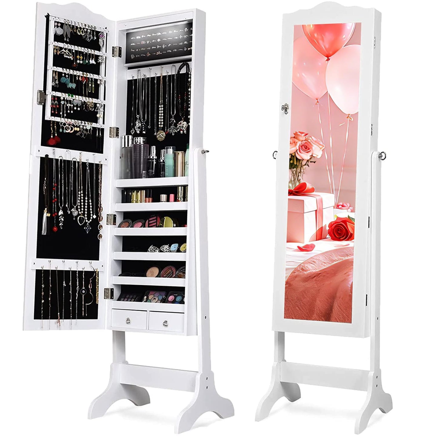 NAFORT Jewelry Armoire, Mirror with Jewelry Storage, 14 LED Lights Jewelry Organizer, Standing Lockable Jewelry Cabinet with Full Length Mirror, Jewelry Organizer with 2 Drawers, White