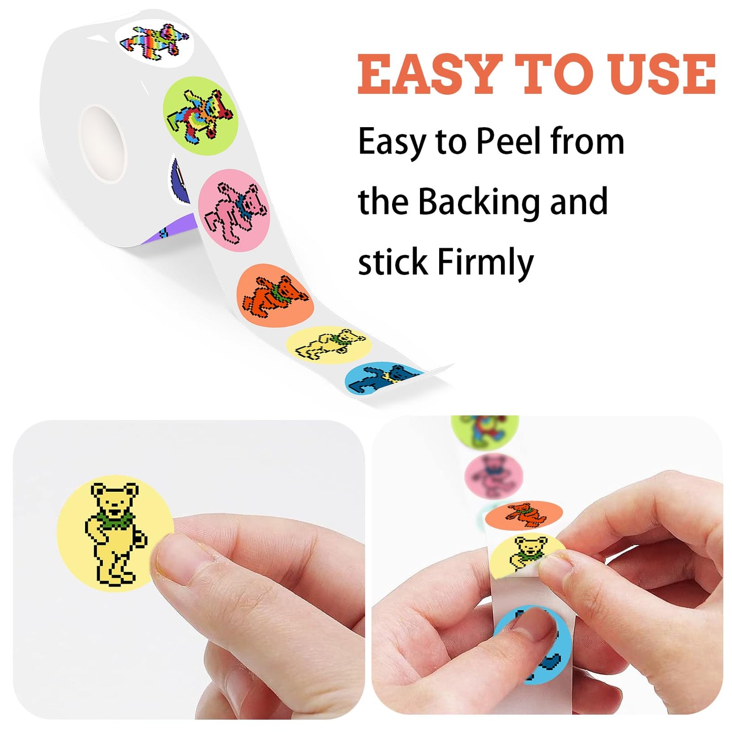 Babymiu Cute Pixel Dancing Bear Rock Dot Stickers Roll(1000 pcs) Rock Band Cartoon Sticker Decoration Decal Gifts Merch Party Supplies in 2 Rolls with 10 Patterns for Laptop Window Luggage Skateboard