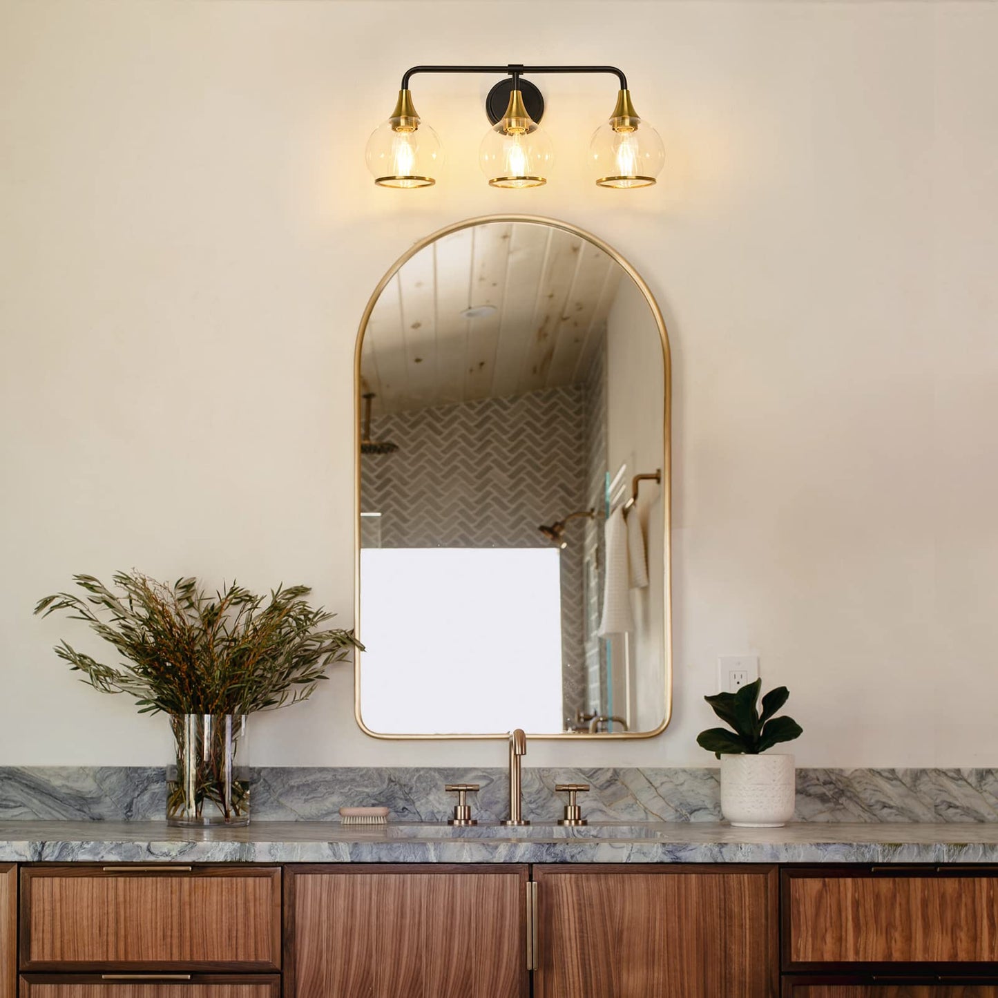 HAHZT Black and Gold Bathroom Vanity Light 3-Lights Bathroom Light Fixtures Over Mirror with Clear Glass Shade 22.4 inch Wall Sconce Lighting Bath(Exclude E26 Bulb)