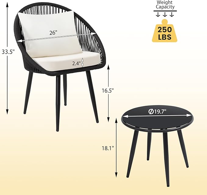 wildformers 3 Pieces Bistro Set, Woven Rope Chair with Cushions, All Weather Patio Conversation Set and Side Table, Ideal for Deck, Balcony, Poolside, Black