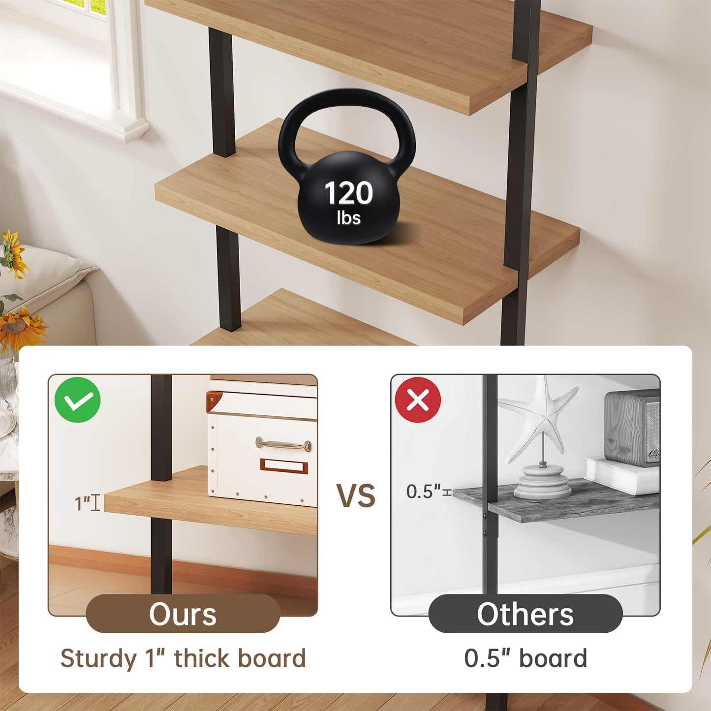 Airynee Ladder Bookshelf, 4 Tier Book Shelf with Rattan Cabinet, Wall Mount Bookshelves and Bookcases with Metal Frame, Anti Dump, Tall Bookcase for Living Room, Home Office, Bedroom