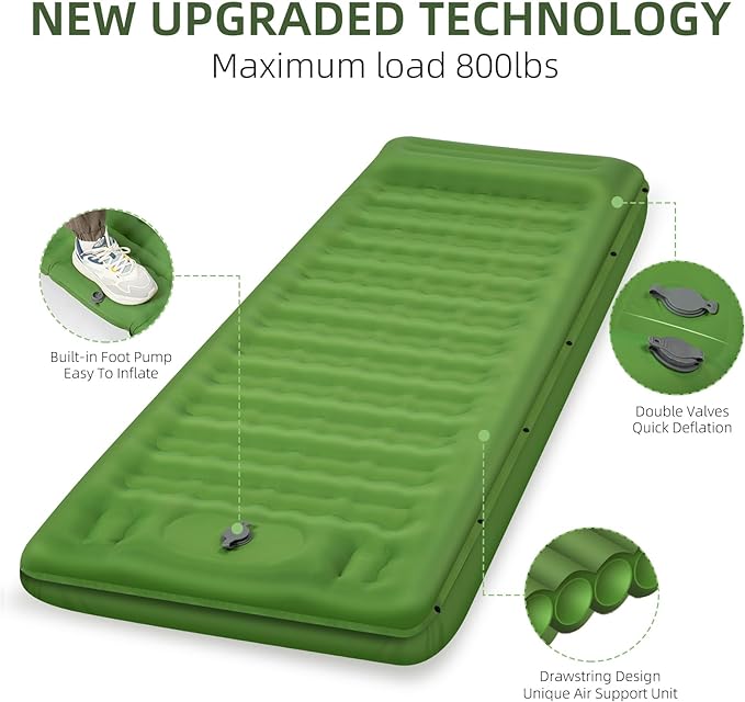 Camping Sleeping Pad, Extra Thick 5 Inch Camping Mat with Pillow, Built-in Foot Pump Inflatable Sleeping Pads Compact for Camping Backpacking Hiking Traveling Tent as Camping Essentials（Green）