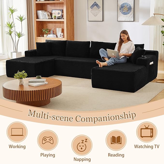 134 Inch Modular Sectional Sleeper Sofa, Boneless Cloud Couch for Living Room, U Shaped 5 Seat Sofa with 2 Storage Pockets& 2 Cup Holders, Free Combination, No Assembly Required (Black)