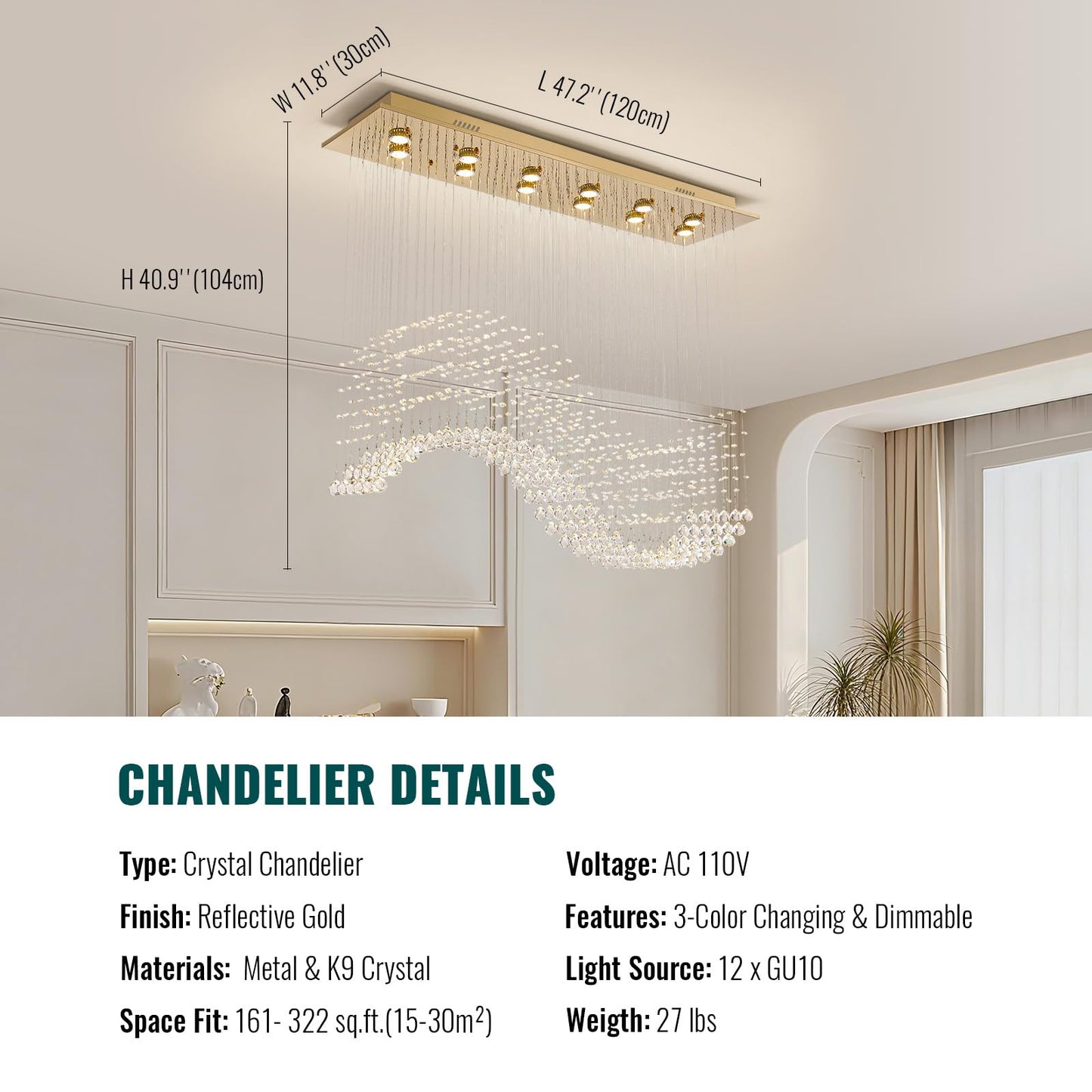 Siljoy 12-Lights Modern Crystal Chandeliers, Luxury Wave Raindrop Crystal Pedant Light Fixture, Rectangular Flush Mount Ceiling Light for Dining Room Living Room Kitchen Island 47 Inch