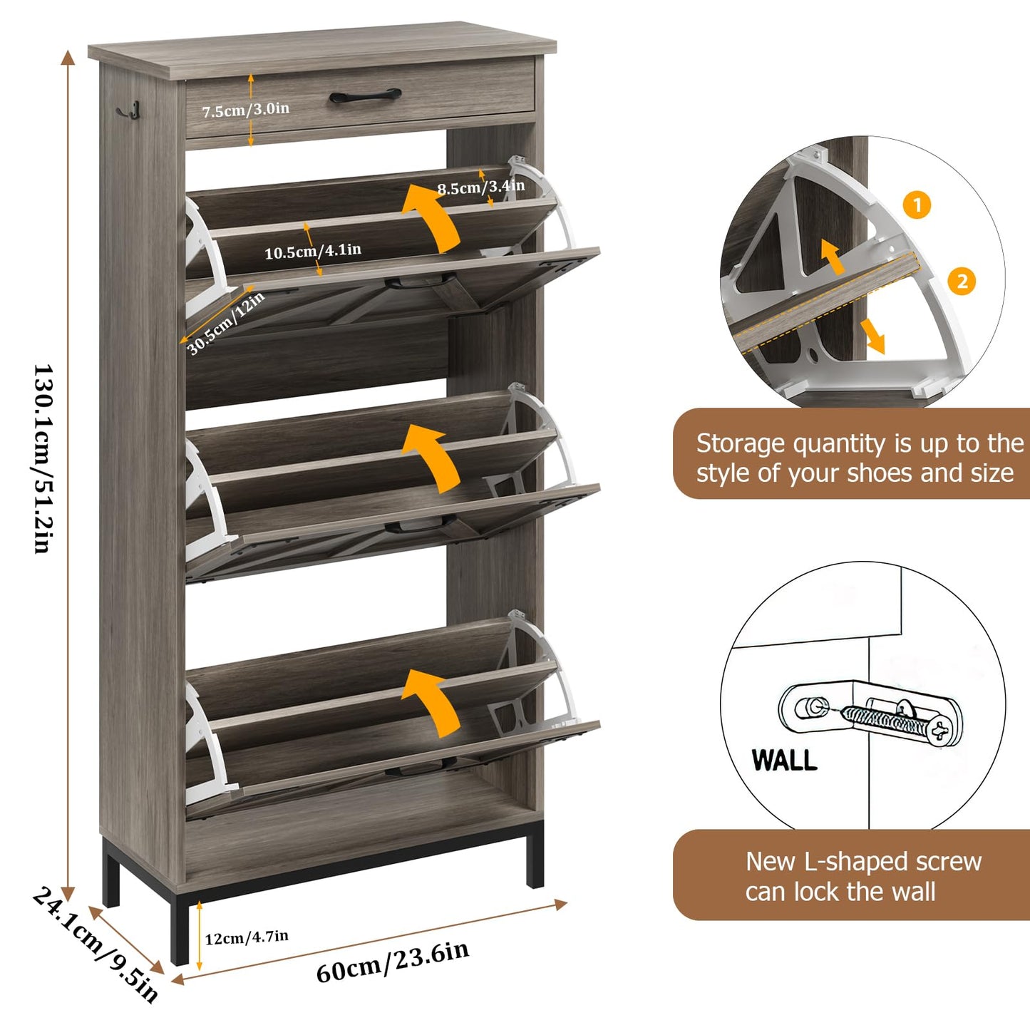 Jocoevol Shoe Cabinet Storage for Entryway with 3 Flip Drawers and 1 Top Drawer, Freestanding Hidden Narrow Shoe Cabinet with Metal Legs for Foyer, Hallway (Grey)
