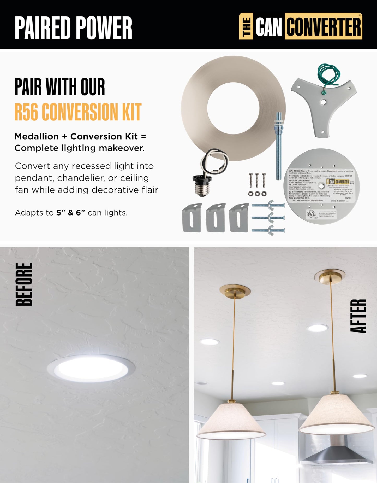 The Can Converter Ceiling Medallion for Recessed Can Light – Home Improvement Decorative Steel Flat Goof Ring & Cover Plate for 5" & 6" Cans, Small Ceiling Medallion for Chandeliers, Satin Nickel