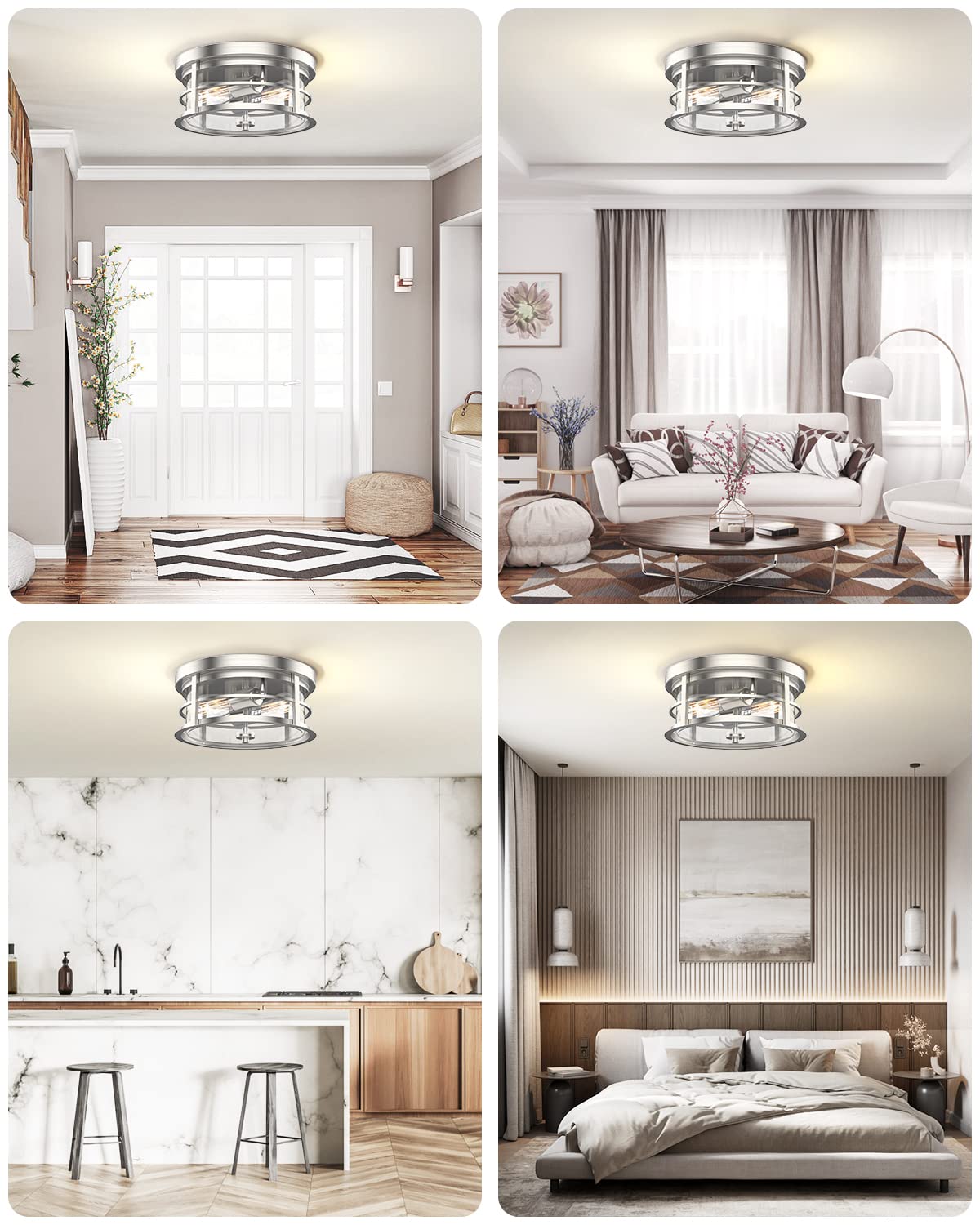EAPUDUN Flush Mount Ceiling Light, 12inch 2-Light Modern Close to Ceiling Light Fixture, Brushed Nickel Finish with Clear Glass Shade for Hallway Entryway Bedroom Porch FMA1412-BNK