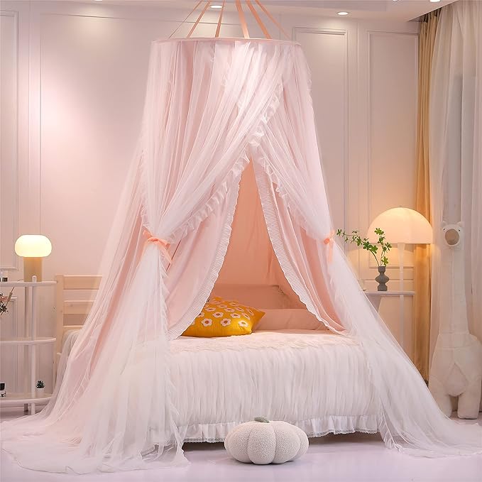 VETHIN Double Layer Princess Round Dome Canopy Bed Curtain for Girls Adults,Children Dreamy Mosquito Net,Cute Bedroom Deco...