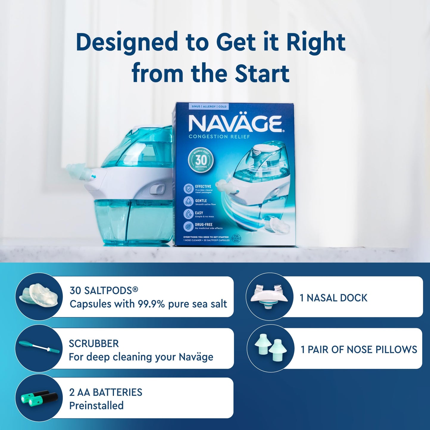 Navage Starter Bundle - Nasal Irrigation System - Saline Nasal Rinse Kit with 1 Navage Nose Cleaner and 30 Salt Pods