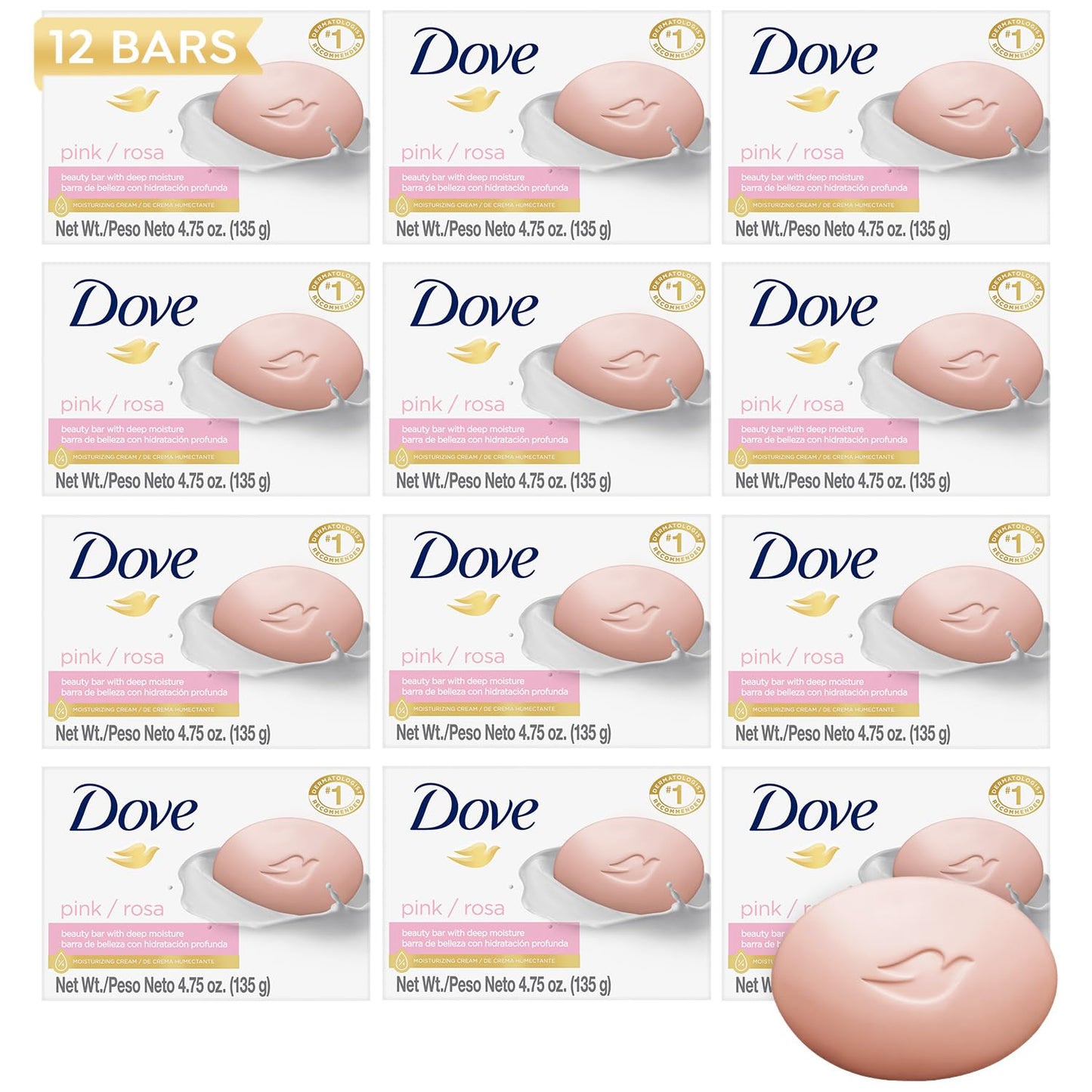 Dove Soap, Pink Beauty Bar 12-Pack - 3-in-1 Moisturizing Face, Body & Hand Soap, 4.75 Oz Ea