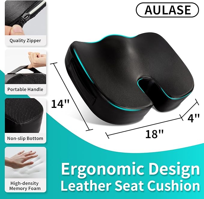 Aulase Luxury Seat Cushion, 4 Inch Extra Thick Memory Foam for Pressure Relief, Sciatica, Tailbone Pain & Back Pain Relief, Multi-Use for Bleachers, Car, Gaming, Office Chair (Black)