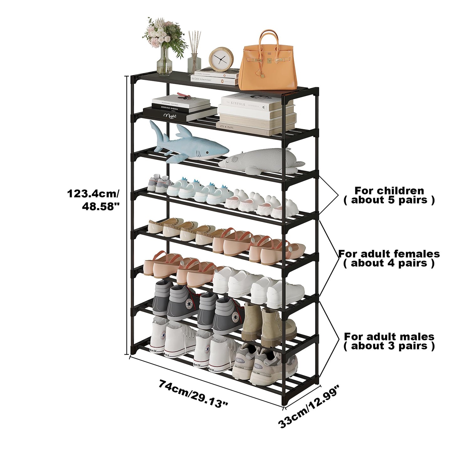 Calmootey 8-Tier Shoe Rack, Tall Large Capacity 40 Pairs Shoes Storage Organizer, Stackable Wide Shoe Shelf for Entryway, Hallway, Black