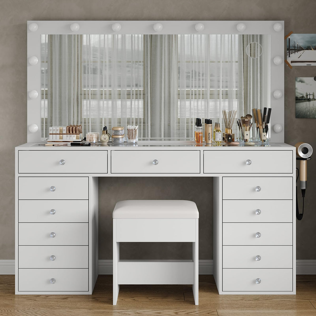 FUSOU 55'' W Makeup Vanity with Power Outlet & Lighted Mirror, Vanity Desk 13 Drawers Glass Top, 3 Lighting Modes Adjustable, Dressing Table with Chair for Bedroom