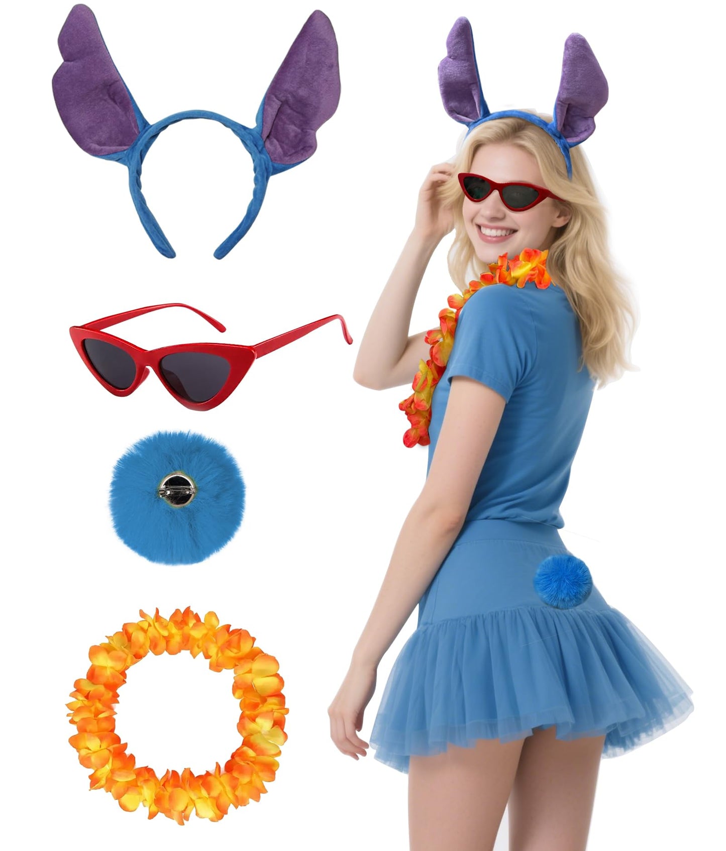 OUHAICUST Unisex Blue Stitch Ears Headband Tail Glasses Hawaiian Lei Costume Accessories Blue Little Monster Kit Halloween Cosplay