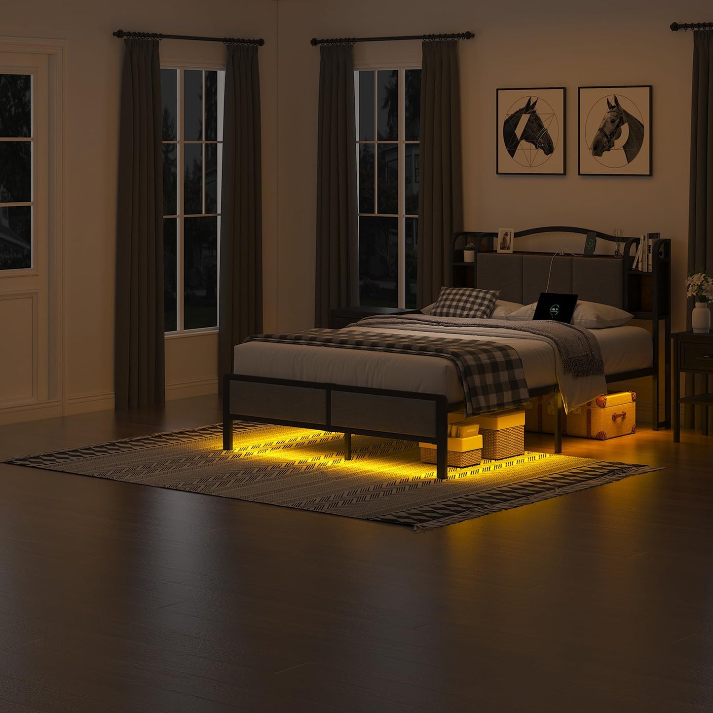 AROMUSTIME Queen Size Bed Frame with Upholstered Headboard & Footboard, Metal Bed Frame with LED Lights & Charging Station, No Box Spring Needed, Noise-Free Easy Assembly, Large Under Bed Storage