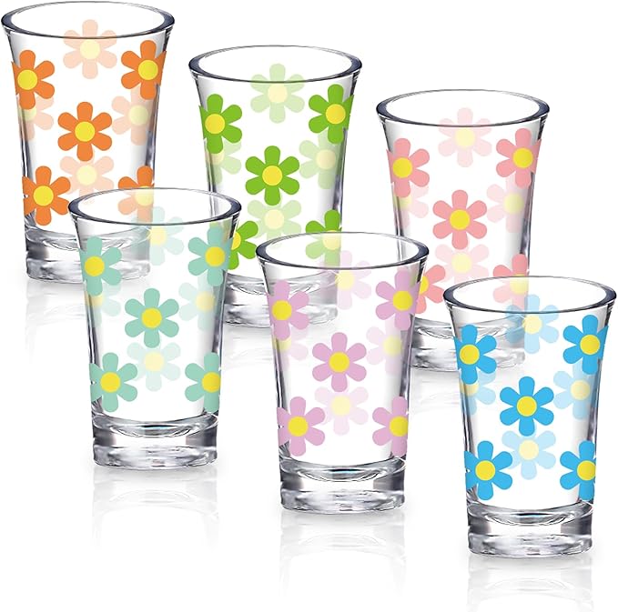 Whaline 6Pcs Daisy Shot Glasses 6 Colors Daisy Flower Drinking Glasses 1.7oz Colorful Small Glass Shot Cups for Party Bar ...
