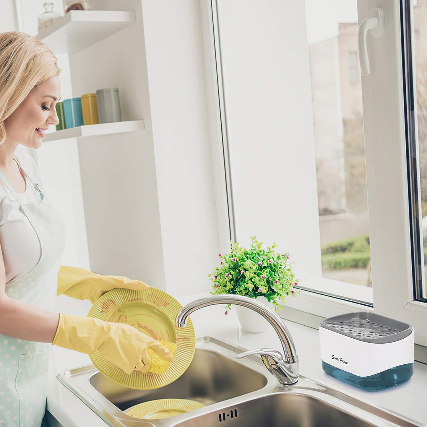 Premium Quality Soap Dispenser for Kitchen - Washing Up Liquid Dispenser With Sponge Holder, Sink Pump, and Instant Refill Soap Holder