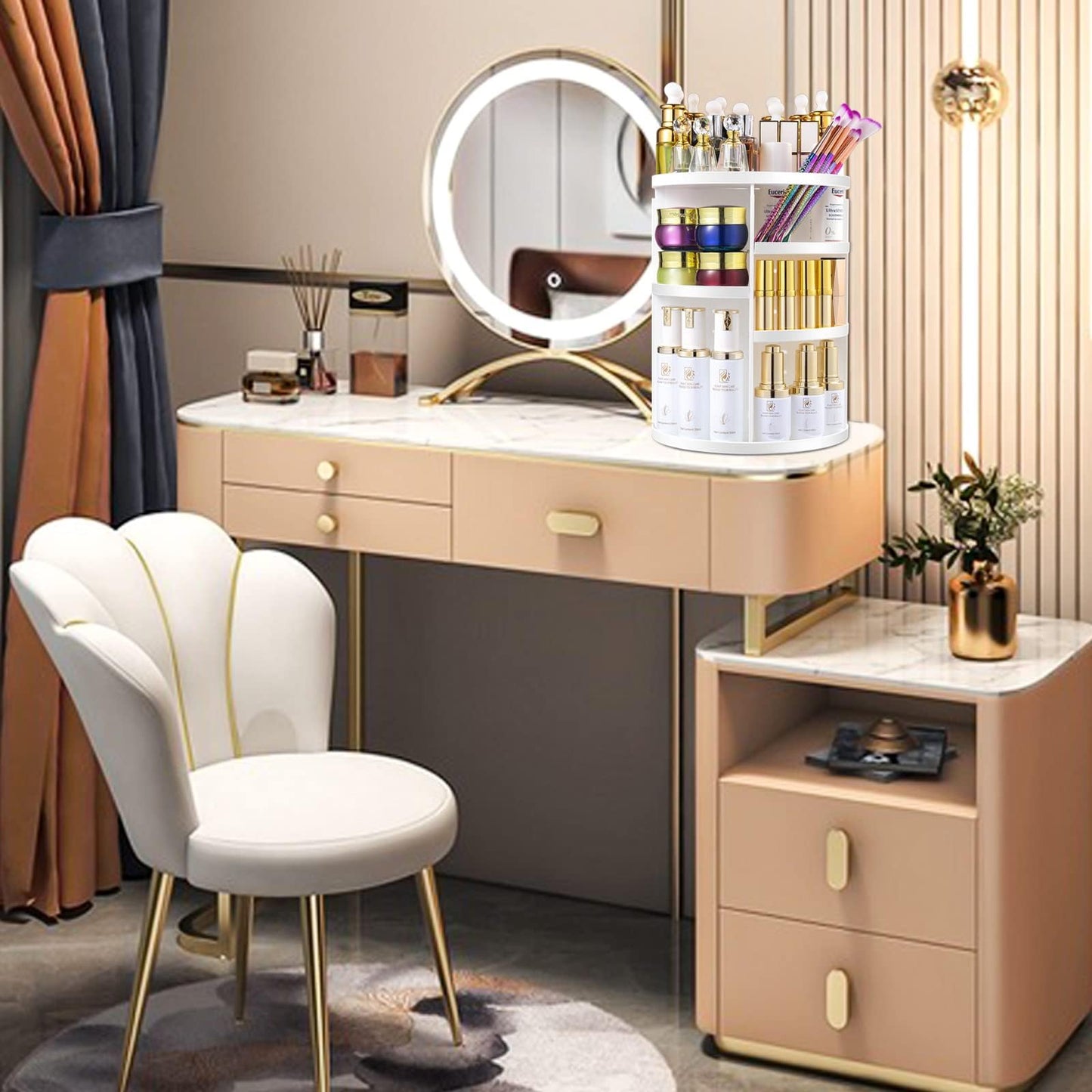 Makeup Organizer, 360 Rotating Cosmetic Organizer,DIY Adjustable Makeup Carousel Spinning Holder Rack, Large Capacity Cosmetic S