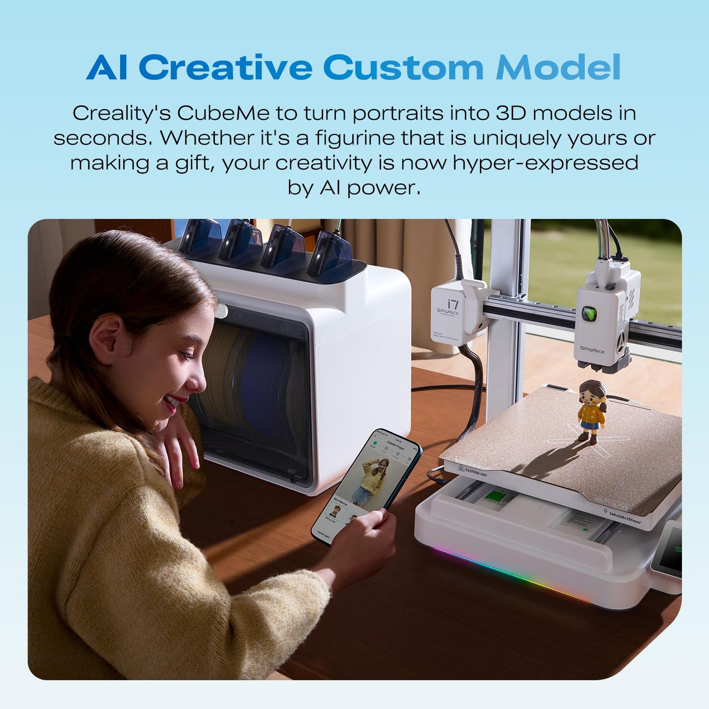 Creality SPARKX i7 Combo 3D Printer,Multi-Color 3D Printer with AI Camera, Auto Leveling, Auto Filament Feeding, Direct Drive Extruder, 260×260×255mm Build Volume, WiFi Remote Monitoring