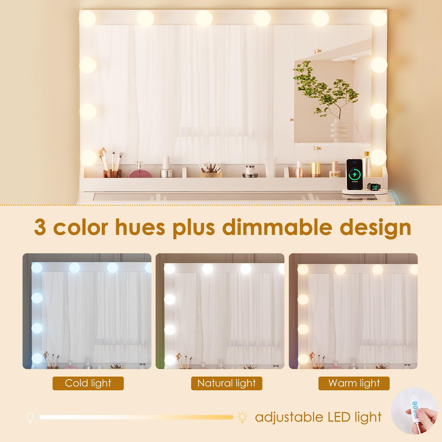 BEWISHOME Vanity Desk with Mirror and Lights White Makeup Vanity Table with Glass Top & Stool,43.4" Large Makeup Desk with Power Outlet,3 Storage Drawers,Dressing Table for Bedroom Women,Girls FST35W