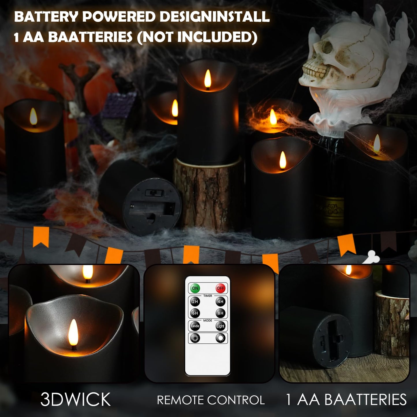 kakoya Flameless LED Candles Battery Operated with Remote and Timer,Flickering Electric Fake Plastic Pillar Candles Set of 12(D3 x H 3" 4" 5") Black