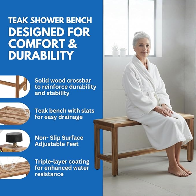 EcoDecors Eleganto 35 Inch Natural Color Waterproof Teak Wood Shower Bench Stool Seat Chair For Inside Shower Provides Safety, Storage, and Organization For Bathroom Accessories