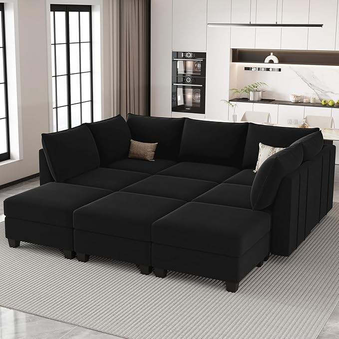 Belffin Modular Sectional Sofa Bed with Storage, 9-Seater Velvet Reversible Sleeper Couch for Living Room, Black