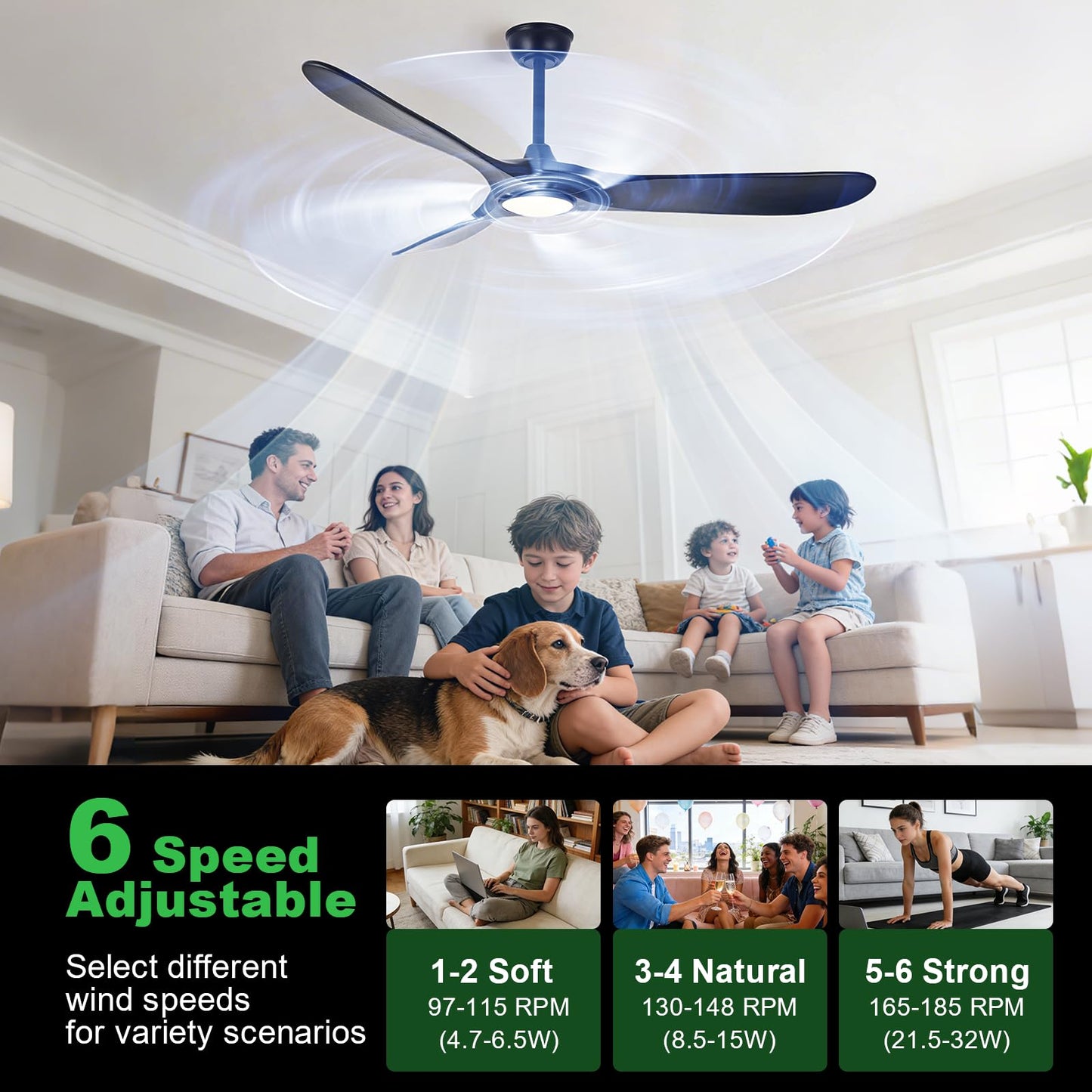 Mosanfan 52 Inch Ceiling Fans with Lights and Remote, Wood Outdoor Ceiling Fan with 6 Speed Noiseless DC Motor, Indoor Modern 3 Blade Propeller Ceiling Fan for Bedroom Living Room Gazebo Patio (Black)