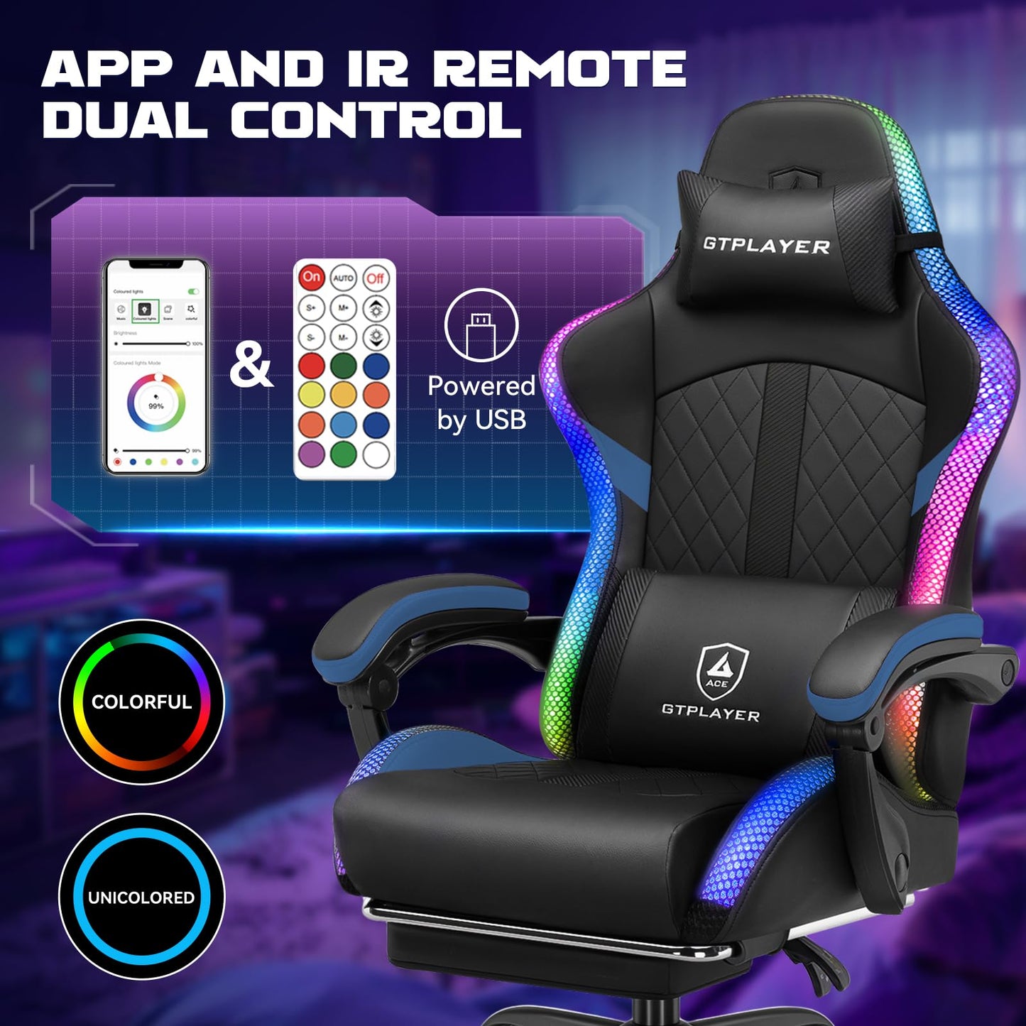 GTPLAYER Gaming Chair with Speakers, Computer Chair with RGB LED Lights, High Back Ergonomic Chair for Adults with Footrest, Reclining Office Chairs, Linkage Armrest, Black Blue