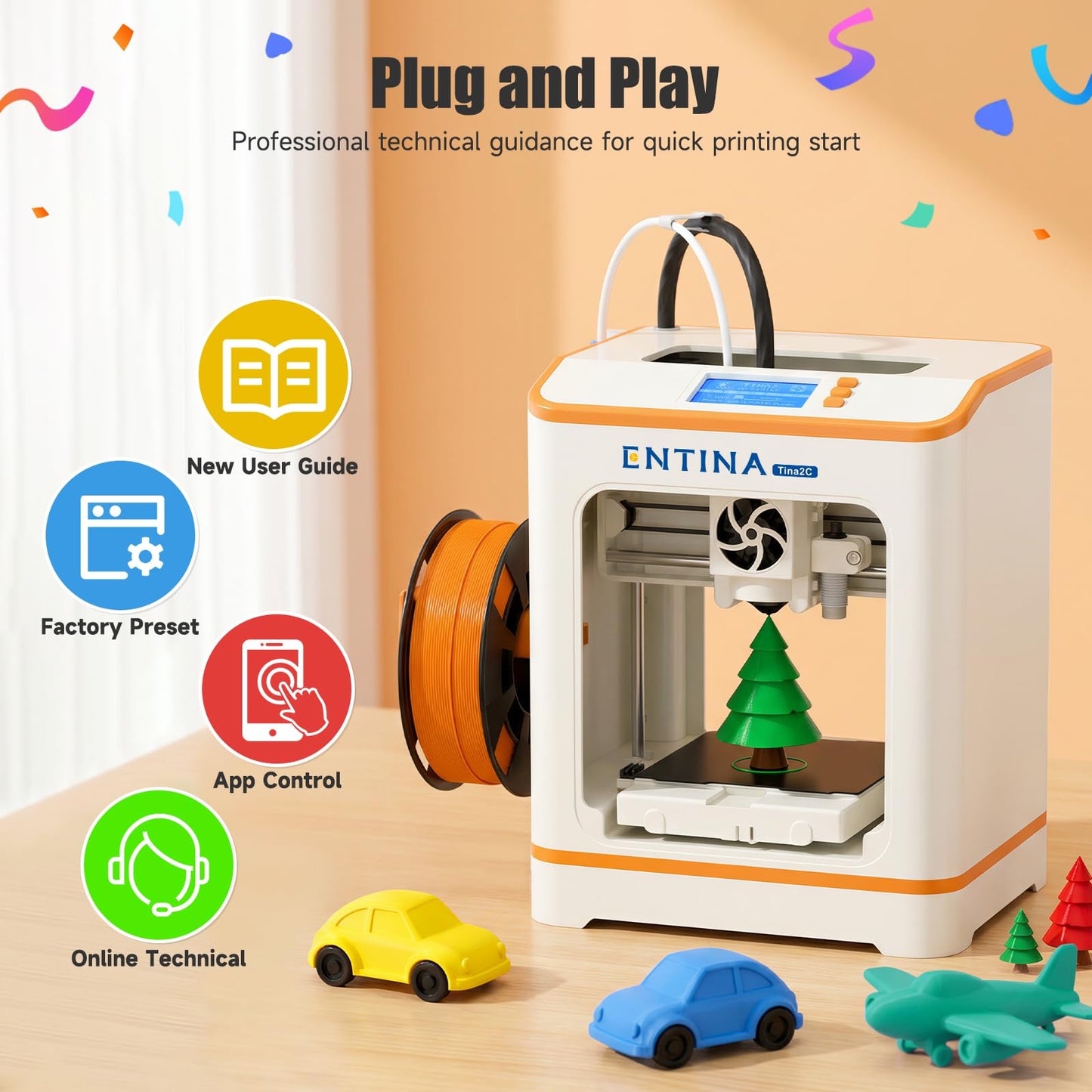 Entina Tina2C Mini 3D Printer for Kids & Beginners, Fully Assembled, Auto Leveling, Easy to Use, WiFi & APP Control, 1500+ Models, DIY Projects, 4 PLA Colors, Ideal for Home & School
