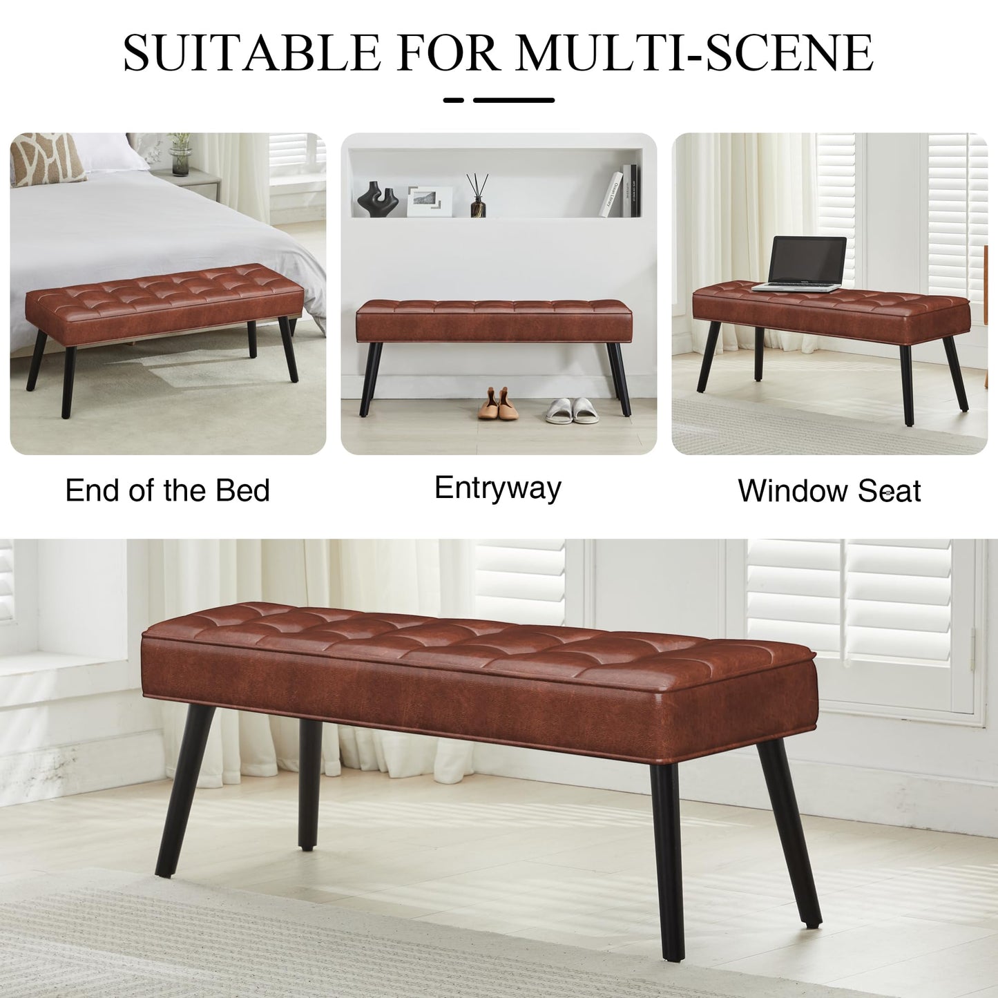 LOULENS 40'' PU Leather Tufted Ottoman Bench, Modern Upholstered End of Bed Bench, Waterproof Leather Entryway Bench with Wood Legs, Accent Footrest for Living Room, Brown