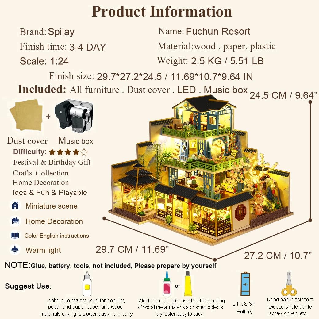 Spilay Dollhouse DIY Miniature Wooden Furniture Kit,Mini Handmade Big Castle Model with Dust Cover & Music Box,with dust Cover 1:24 Scale Creative Doll House for Adult Gift
